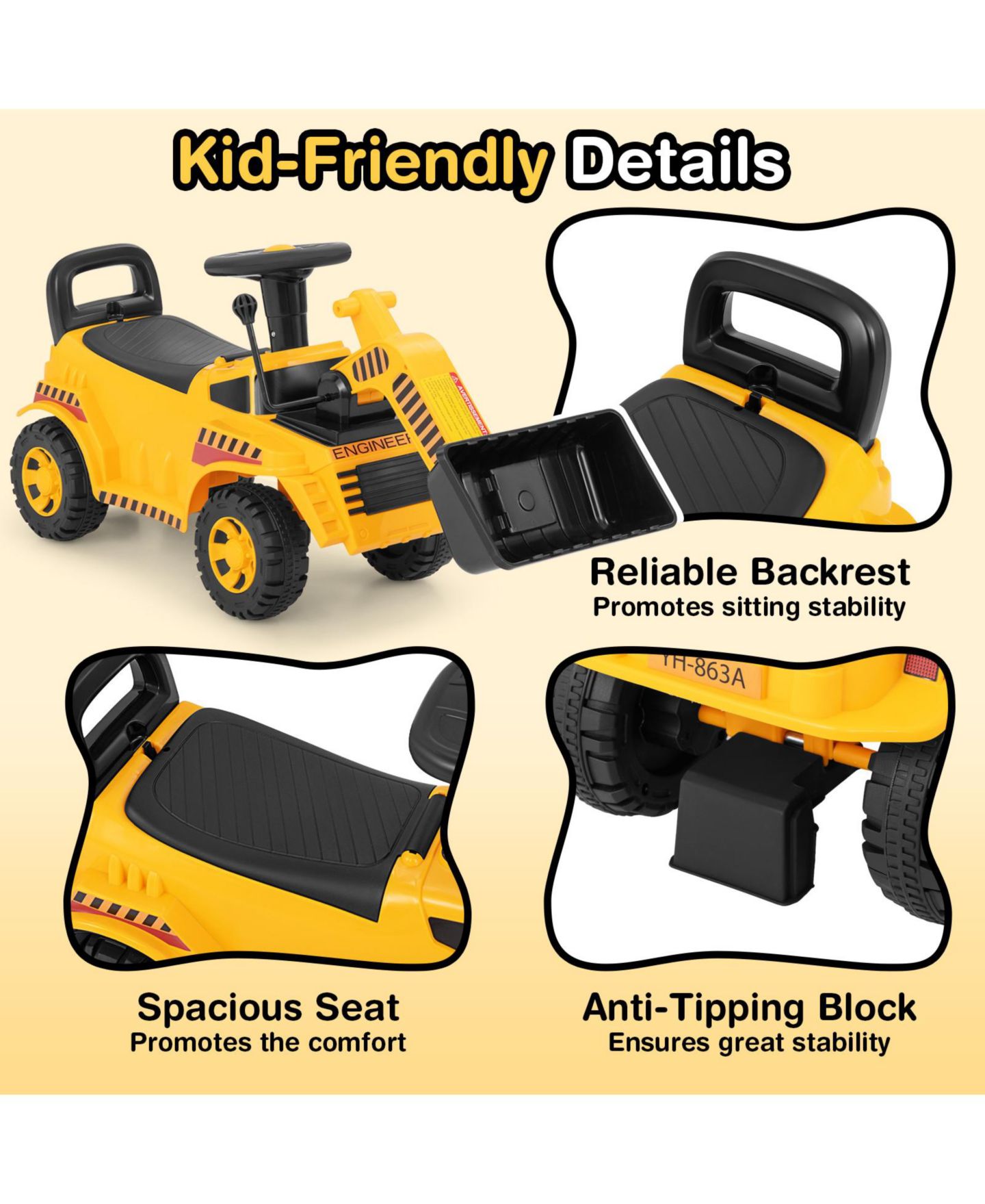 Детская игрушка SUGIFT Ride-On Bulldozer Excavator, 36"L x 12"W x 16.5"H, With Storage & Steering Wheel, Ages 3+, цвет: Жёлтый — фото 10