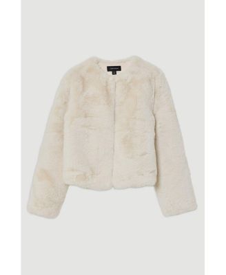 Women's Collarless Faux Fur Jacket