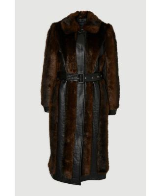 Women's Faux Fur PU Panelled Belted Midi Coat
