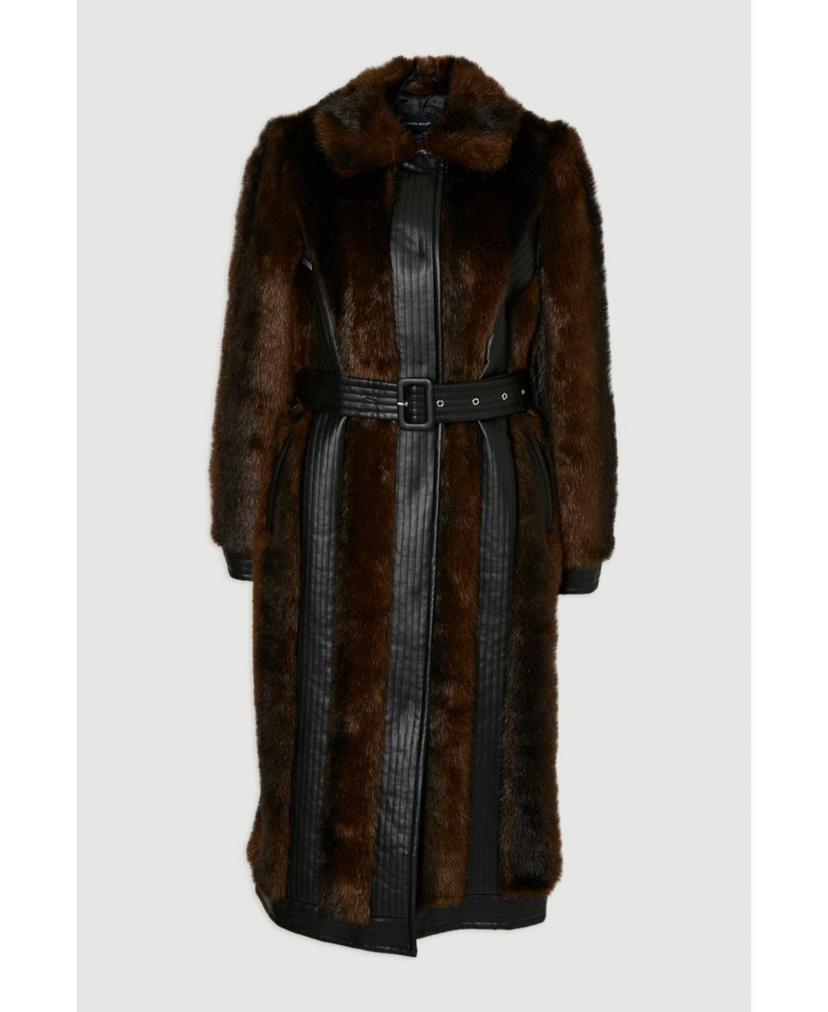 Karen Millen Women's Faux Fur Pu Panelled Belted Midi Coat