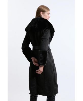 Women's Faux Shearling Belted Midi Coat