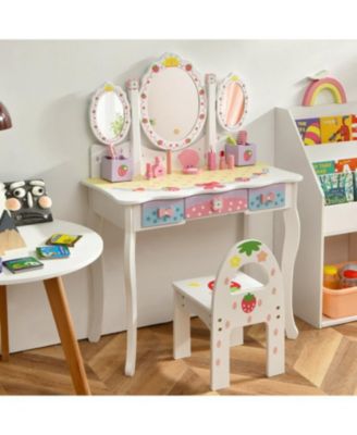 Kids Vanity Princess Makeup Dressing Table Chair Set with Tri-fold Mirror, White
