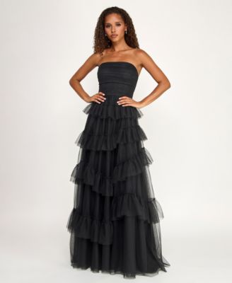 Juniors' Strapless Ruffle Skirt Gown