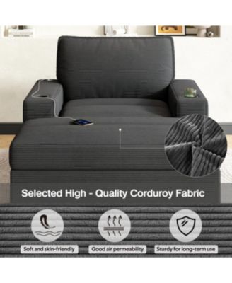 Oversized Corduroy Chaise Lounge with Storage Ottoman, Cup Holders & USB