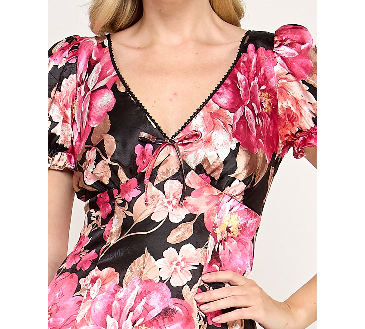 Crystal Doll Women's Printed V-Neck Satin Midi Dress