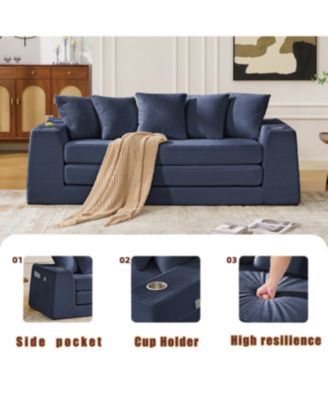 Streamdale Blue Corduroy Convertible Sofa Bed with 5 Pillows, No Assembly