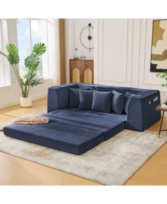 Streamdale Blue Corduroy Convertible Sofa Bed with 5 Pillows, No Assembly