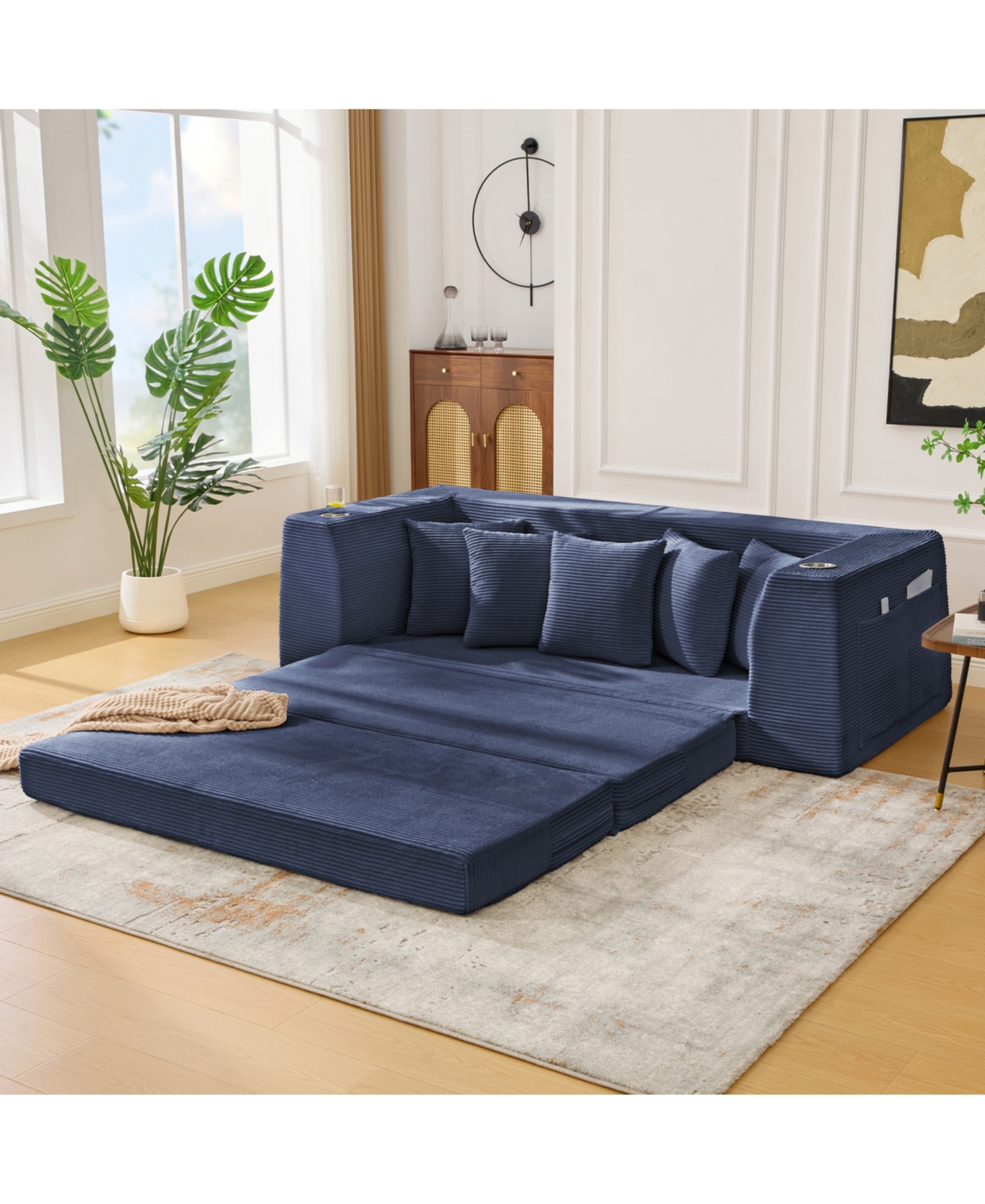 Streamdale Furniture Streamdale Blue Corduroy Convertible Sofa Bed with 5 Pillows, No Assembly