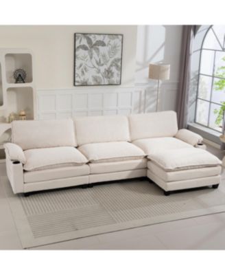 Modern 3+1 L-Shaped Corduroy Sofa with Ottoman, Cloud Couch for Living Room.
