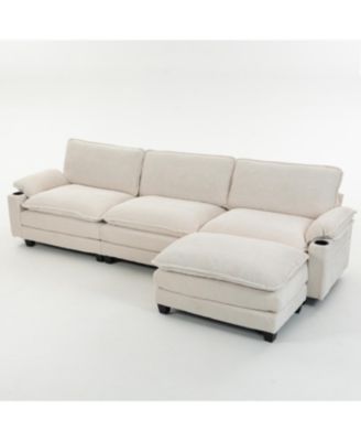 Modern 3+1 L-Shaped Corduroy Sofa with Ottoman, Cloud Couch for Living Room.