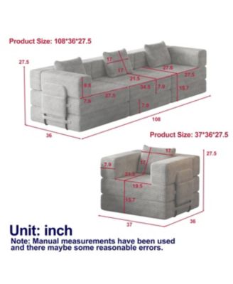 4-seater folding sofa bed with corduroy fabric, storage pockets & cushions.