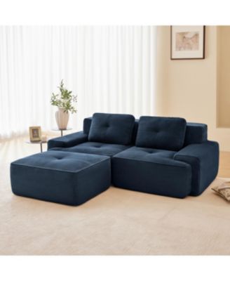 Streamdale Blue 82" Modern L-Shaped Corduroy Sectional Sofa with Ottoman