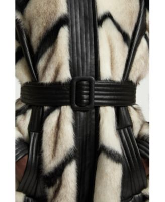 Women's Stripe Faux Fur Belted Long Coat