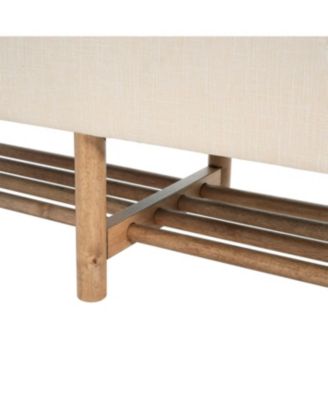 Rectangular Upholstered Linen Fabric Ottoman Bench, Solid Wood Legs, Beige
