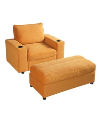 Oversized Corduroy Chaise Lounge with Storage Ottoman, Cup Holders & USB