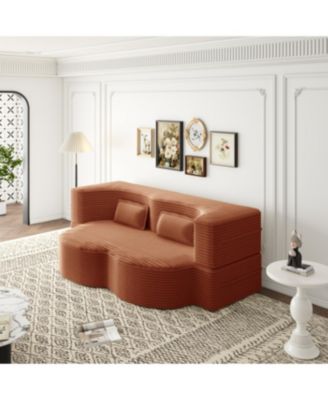 Streamdale Modern Floor Sofa with 2 Pillows, Convertible Plush Corduroy Sleeper Sofa Bed, Orange