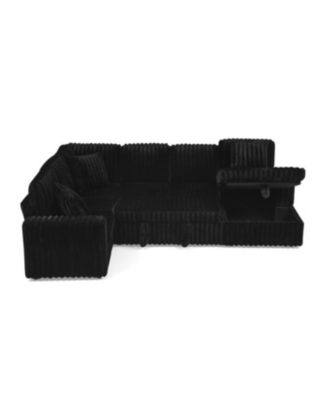 Streamdale Black U-shaped Corduroy Sofa with Pull-out Bed & Storage Chaise