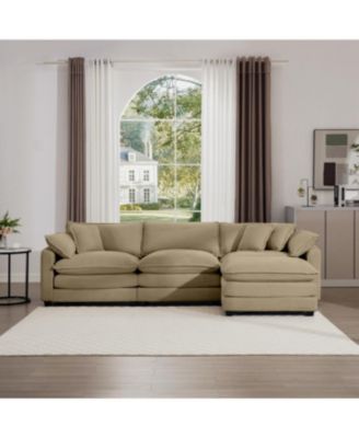 Tan Corduroy L-Shaped 3-Seater Sofa with Ottoman