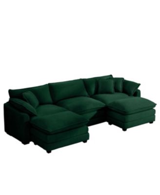 Oversized Modular Cushion Sofa with Ottoman, L-Shaped Corner Sofa Bed, Green Corduroy