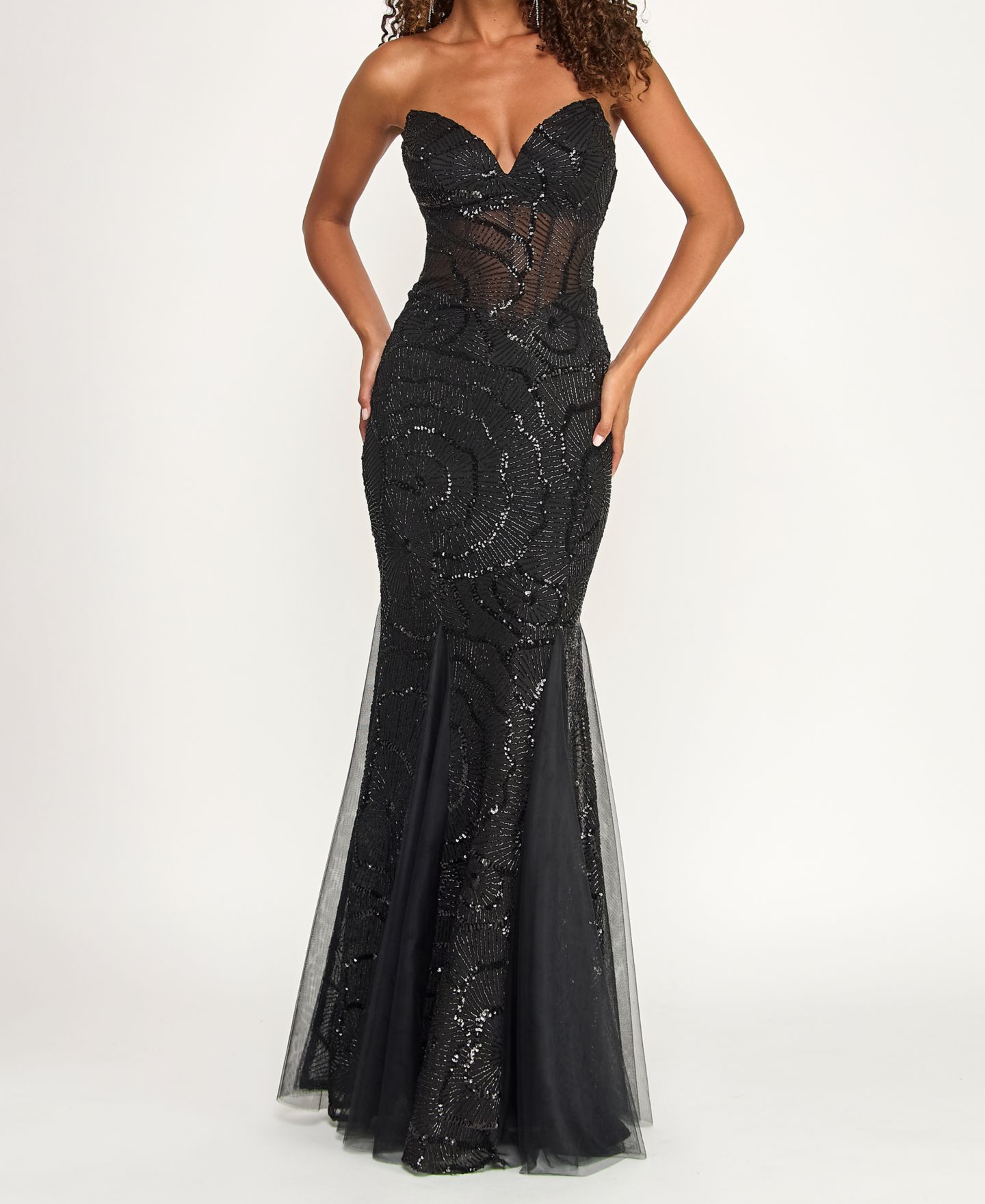 Женские платья B Darlin Juniors Sweetheart Sequin Mesh Mermaid Gown with Illusion Bodice, цвет: Чёрный — фото 8