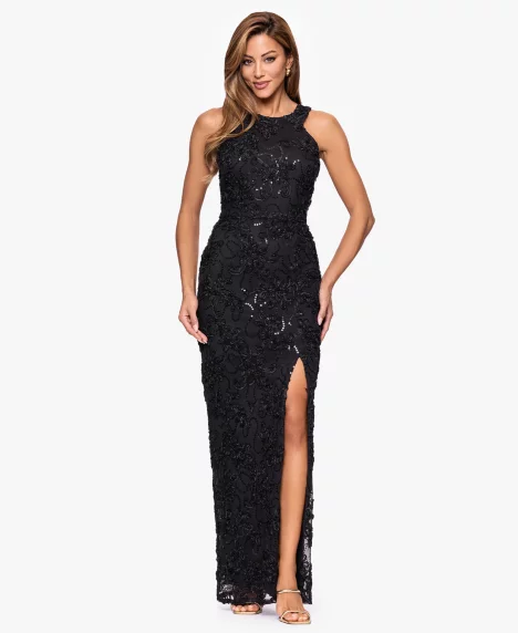 Petite Sequin Detail Halter Neck Long Dress - Black