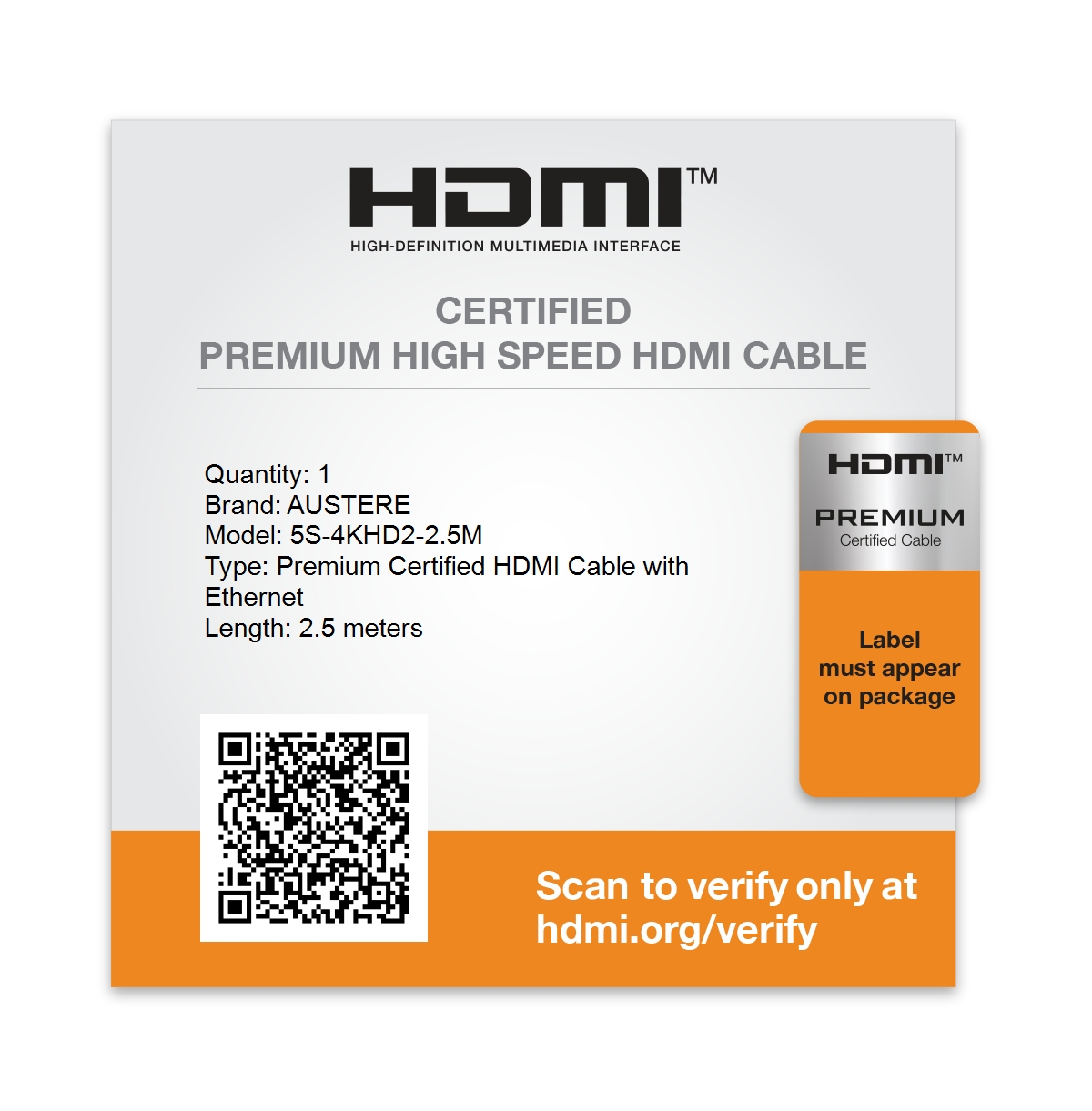 Austere V Series 4K Hdmi Cable