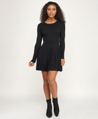 Juniors Pleated Round Neck Fit & Flare Sweater Dress
