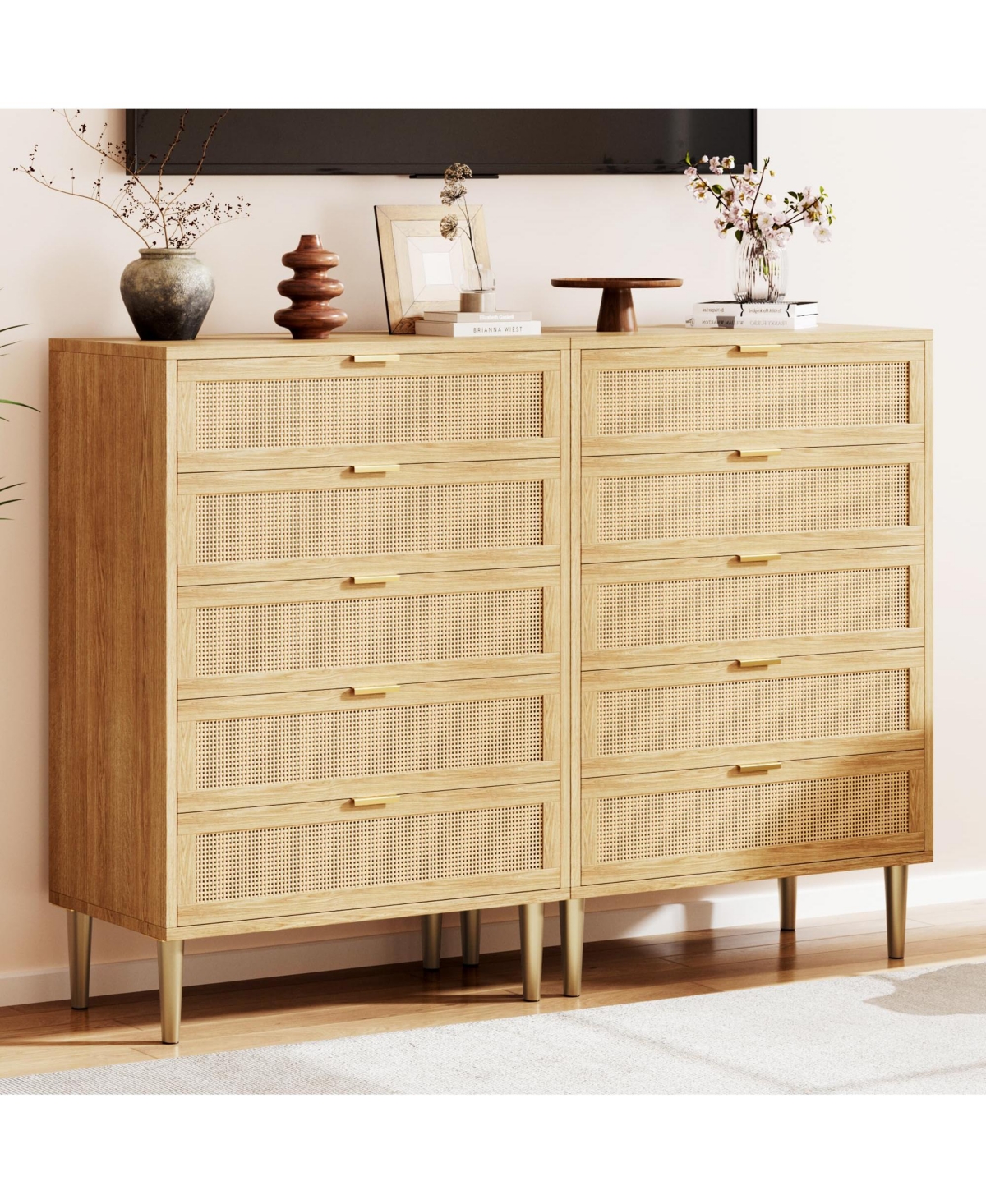 Gaomon Rattan 5 Drawer Dresser, 44'' Tall Narrow Chest, Farmhouse Wood Dresser with Metal Legs, Bedroom Cabinet