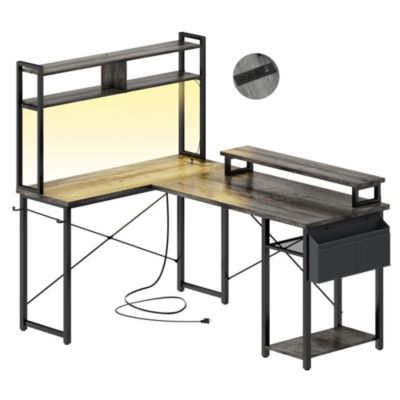 49'' Small L Shaped Desk with Hutch, Reversible Computer Gaming Desk with Outlet and LED Strip