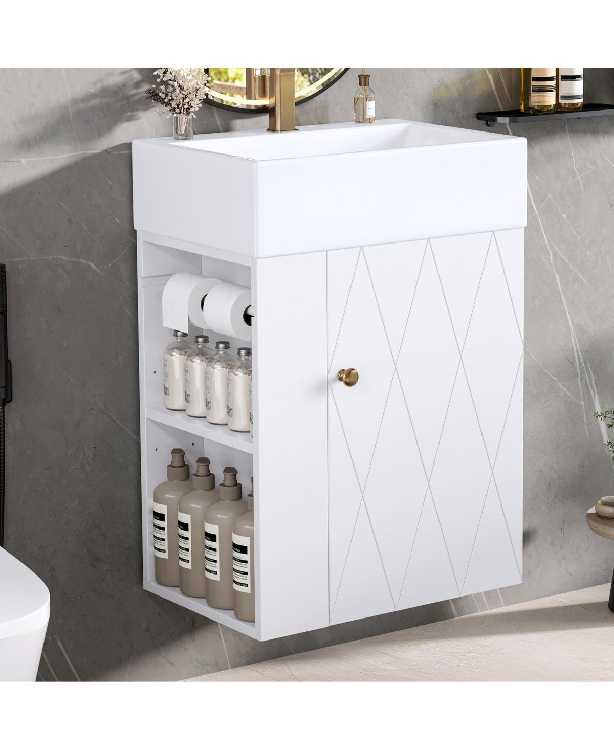 Casainc Bathroom Vanity with Ceramic Sink Diamond Pattern Door and Gold Handle