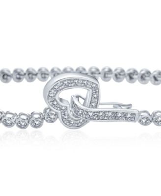 Open Heart Cubic Zirconia Bezel Tennis Bracelet & Round Stud Earrings Jewelry Set Sterling Silver