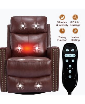 Genuine Leather Heat Massage Manual Recliner Chair with Rocker and Swivel