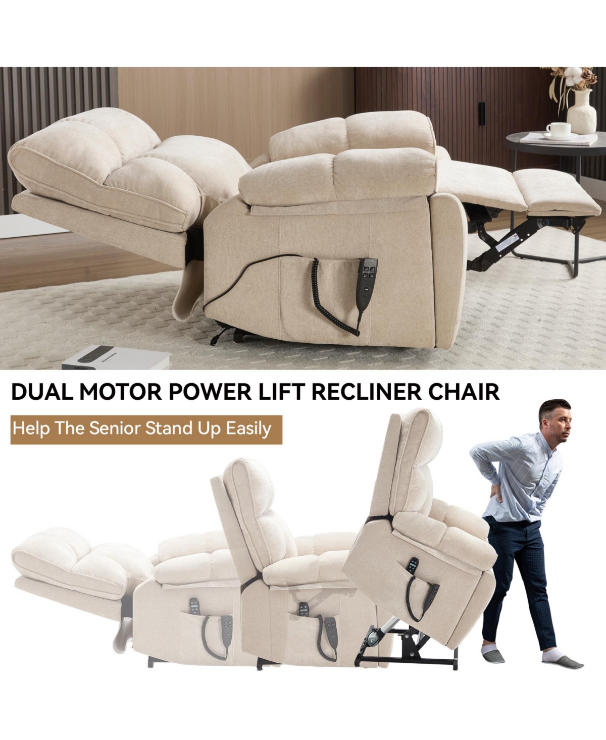 Heat Massage Dual Motor Infinite Position Up to 350 Lbs Large Electric Power Lift Recliners with Hidden Cup Holders, Power-Remote