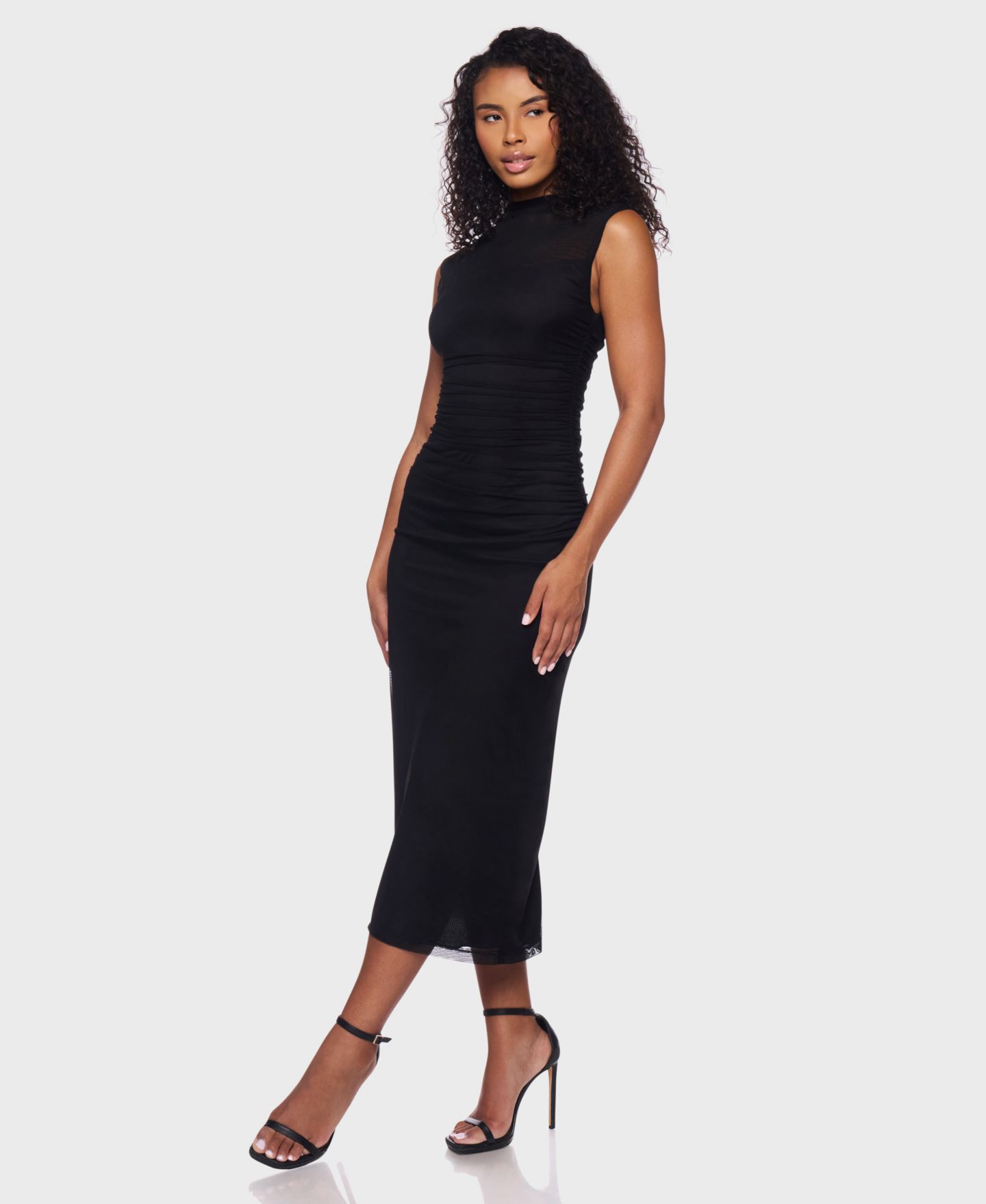 Женское платье B Darlin Shirred Waist Mock Neck Midi, цвет: Чёрный — фото 3
