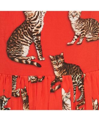 Women's Red Cat Print Silk Midi Dress