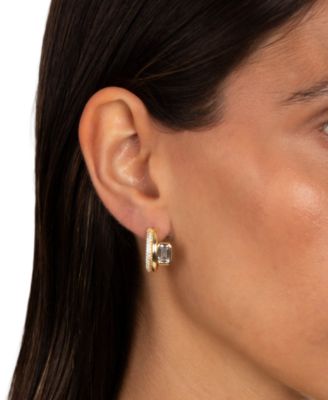 Cubic Zirconia Gold Plated Gold Plated Emerald Bezel Double Row Huggie Earrings