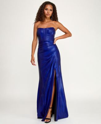 Juniors' Strapless Corset Front Slit Long Gown