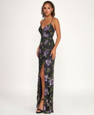 Juniors' Floral Embroidery Sequin Applique Front Slit Gown