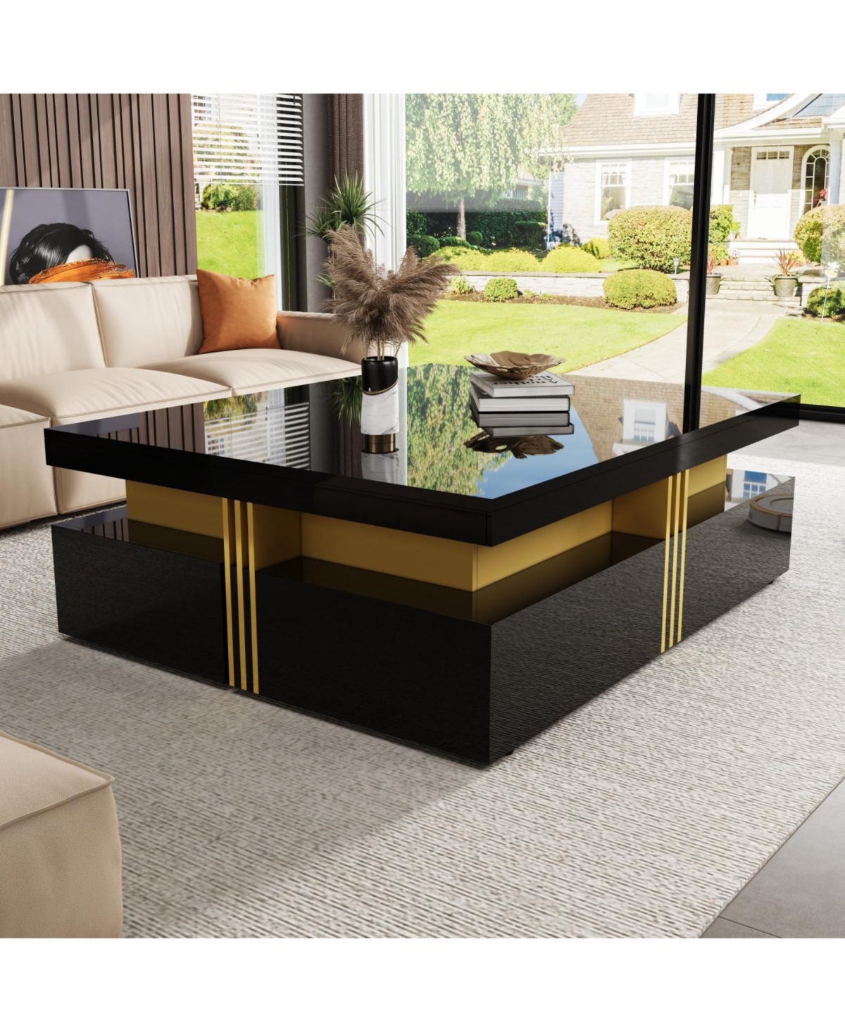 Streamdale Modern Glossy Square Storage Coffee Table with 4 Drawers, 43.3", Black