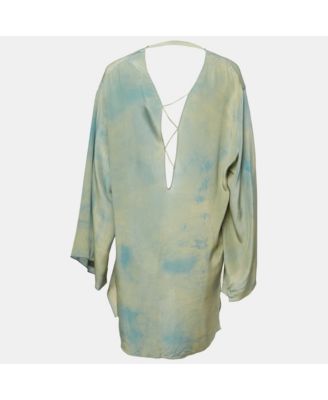 Women's Blue Abstract Print Silk Lace-Up Mini Dress