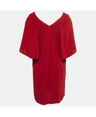 Women's Red Crepe Gathered Shoulder Shift Dress