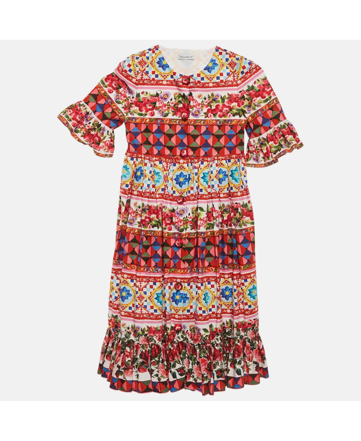 Pre-Owned Dolce & Gabbana Women's Multicolor Carretto Con Rose Print Cotton Flouce Dress