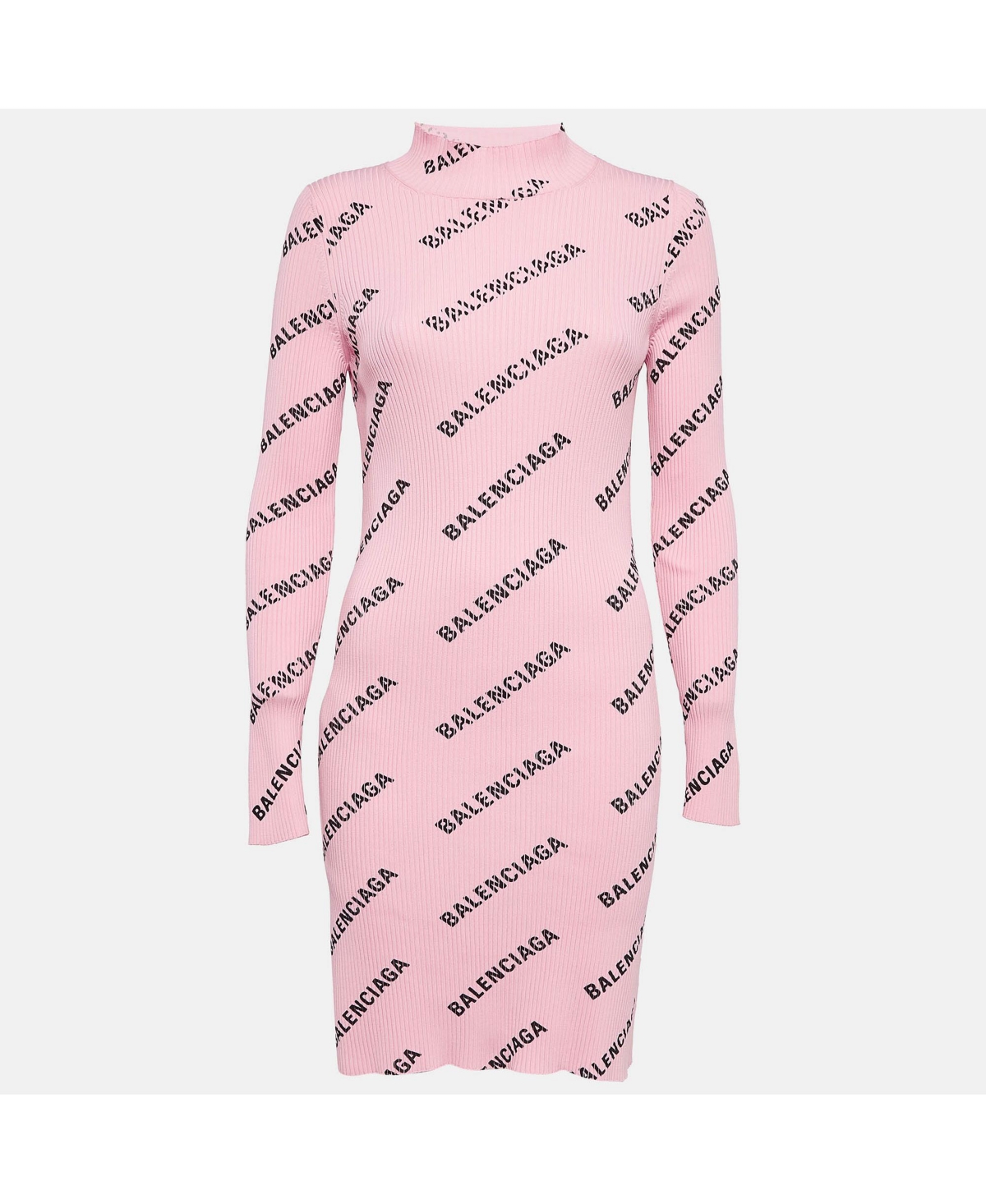 Pre-Owned Balenciaga Women's Pink Logo Print Rib Knit Bodycon Dress