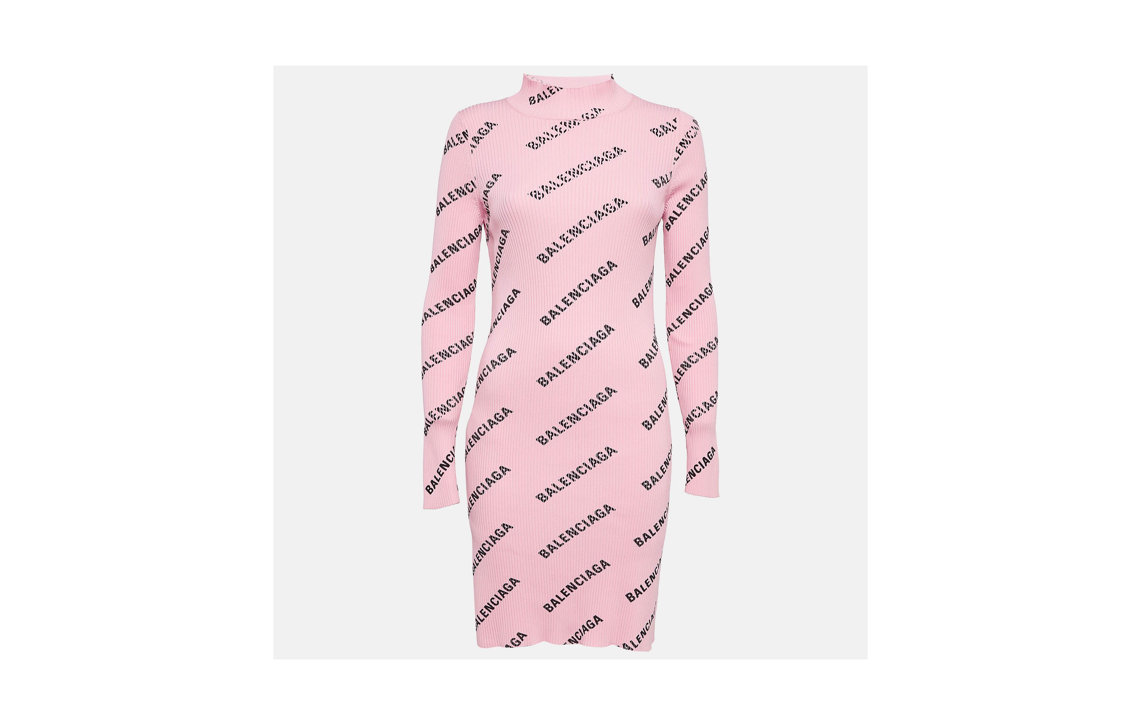 Pre-Owned Balenciaga Women's Pink Logo Print Rib Knit Bodycon Dress