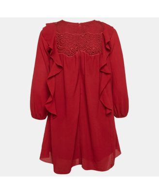 Women's Red Crepe Ruffled Lace Overlay