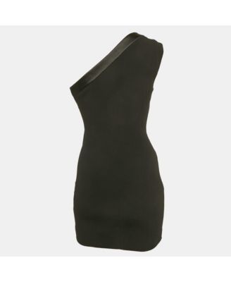 Women's Black Crepe Button Detail One Shoulder Mini Dress