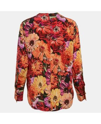 Women's Red Poppy Print Silk Long Sleeve Blouse