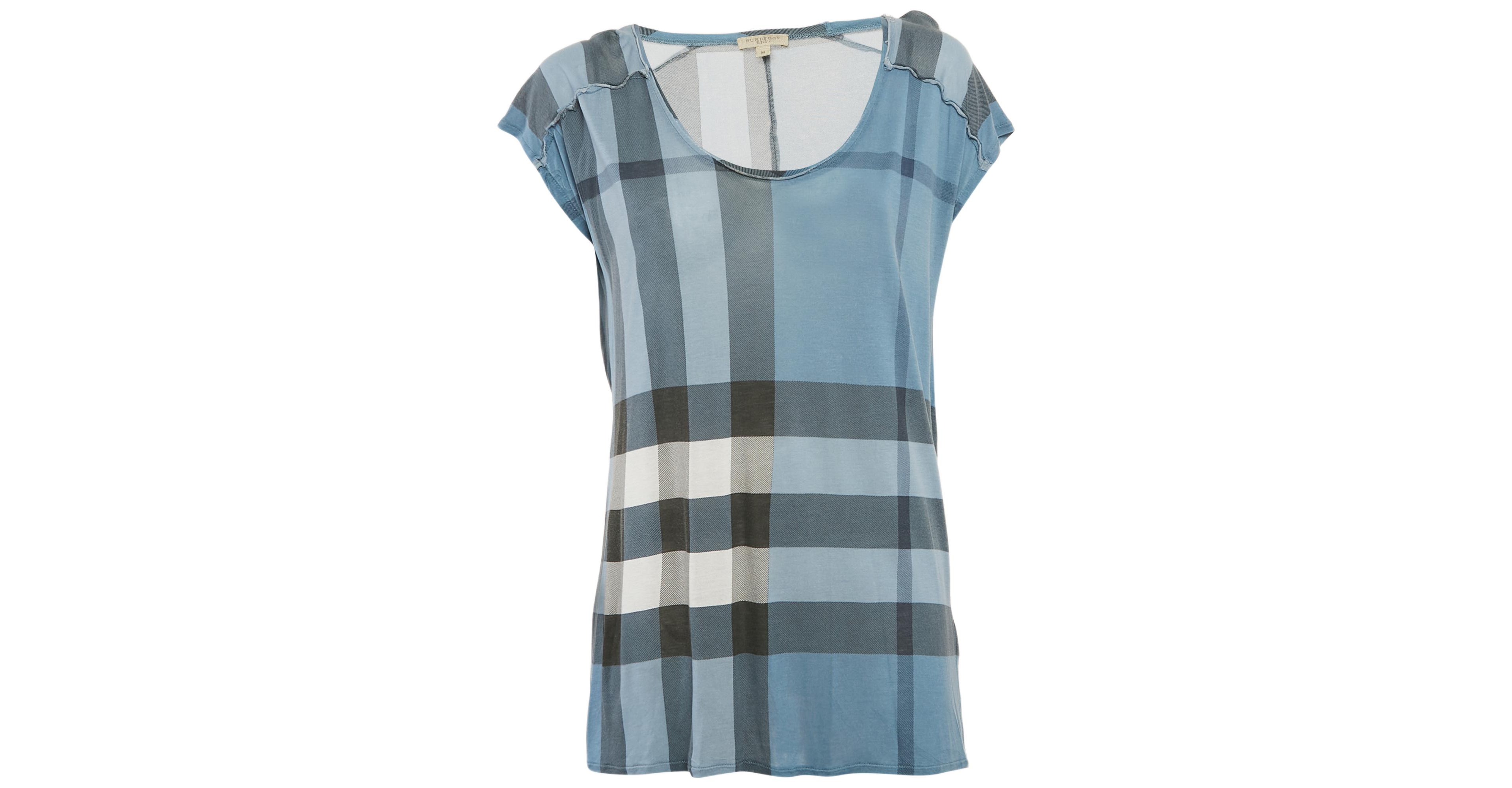 Pre-Owned Burberry Women's Brit Blue Plaid Print Modal Knit Top