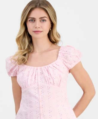 Juniors' Eyelet Short-Sleeve Button-Front Top