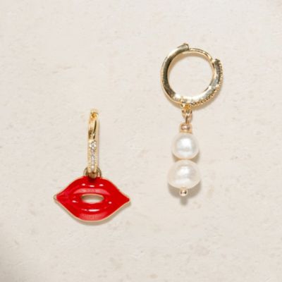 18K Gold-Plated Mismatched Huggie Earrings with Lip Charm & Freshwater Pearls